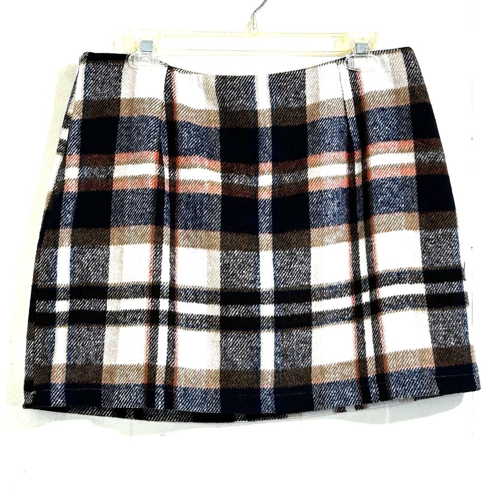 Women’s Plaid Wool Mini Skirt Size Large Black White Brown Lined Skirt.